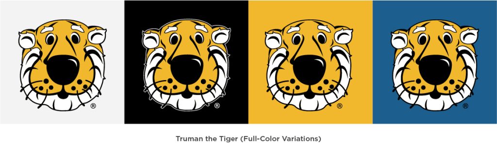 Full color Truman head graphic repeated on four different color backgrounds: white, black, gold, and blue.