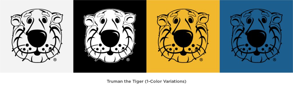 Single color Truman head graphic repeated on four different color backgrounds: white, black, gold, and blue.