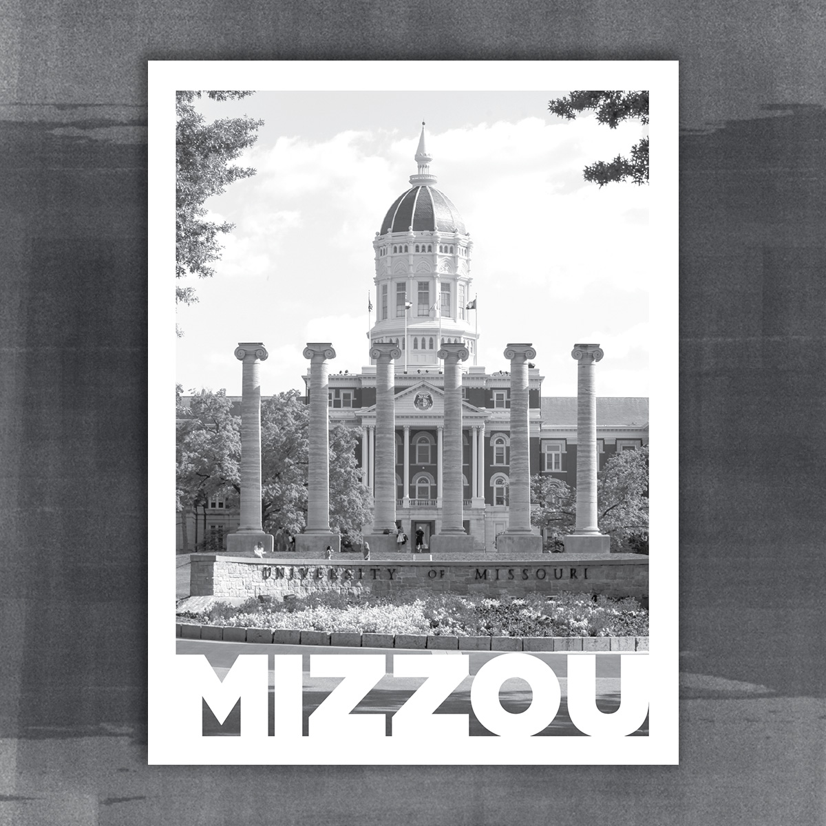 9x12 pocket folder design. Black and white image of Jesse hall and columns with Mizzou in bold letters at the bottom