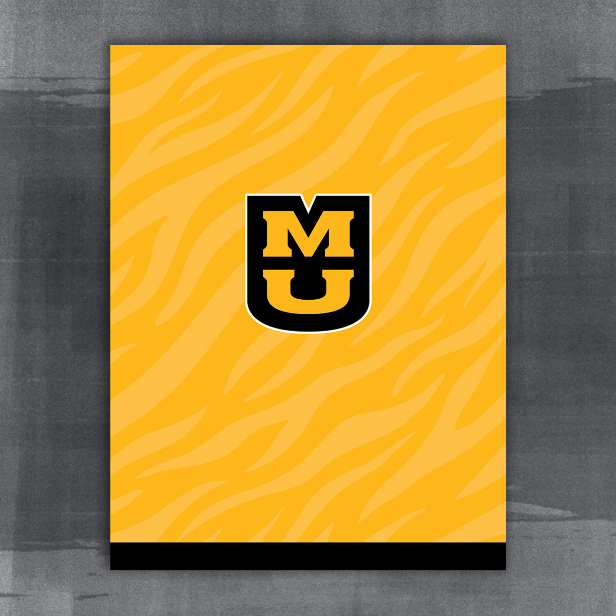 9x12 pocket folder. Gold with subtle tiger stripe pattern and black footer at the bottom. Stacked MU in the center