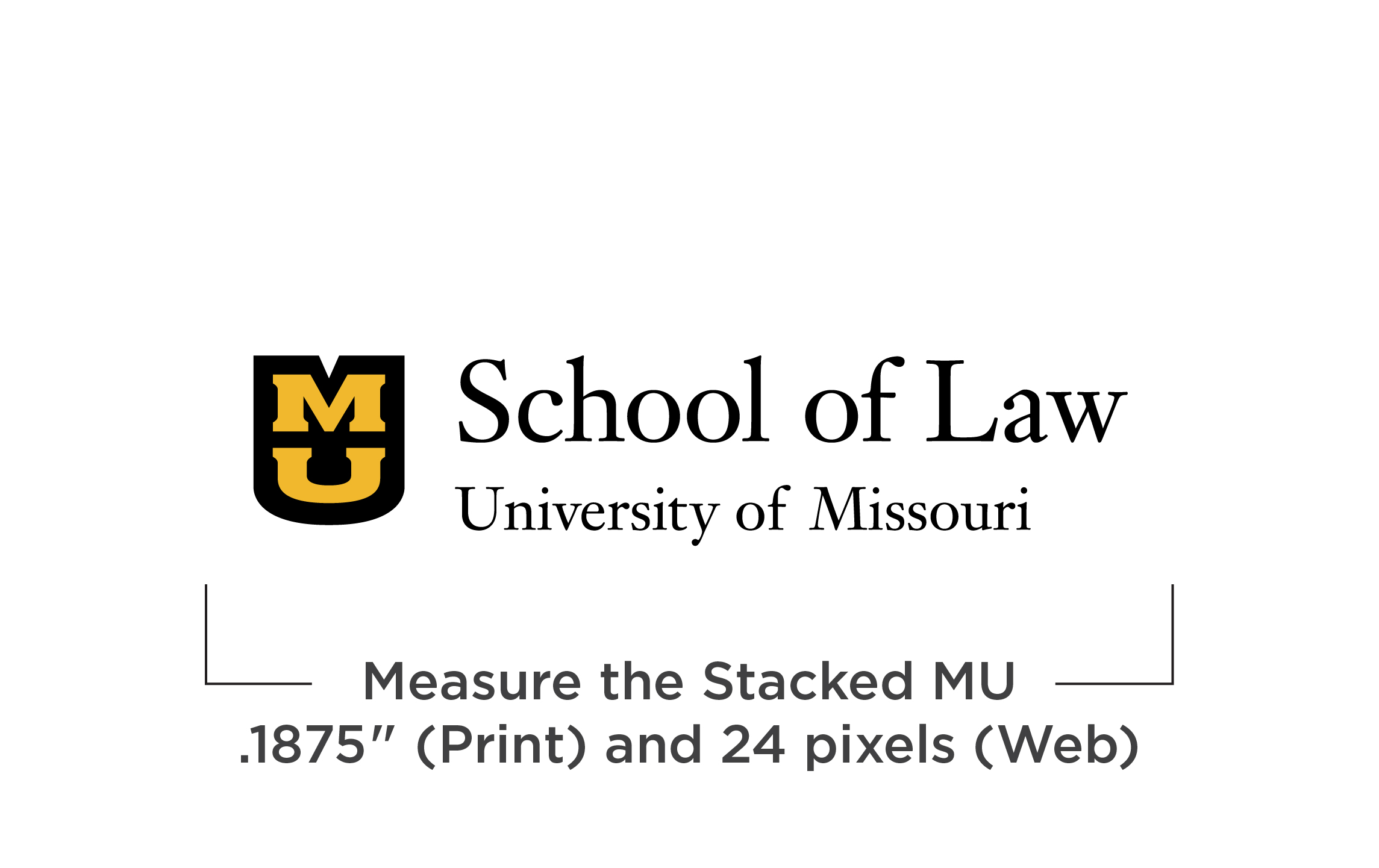 Stacked MU with School of Law text to the left and University of Missouri below is shown above text that says 'Measure the Stacked MU' for minimum size.